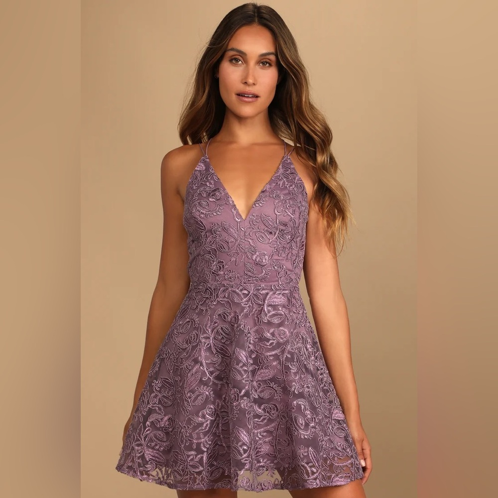 Lulus Purple Embroidered Just Us Tonight Strappy Skater Dress Size XS Homecoming